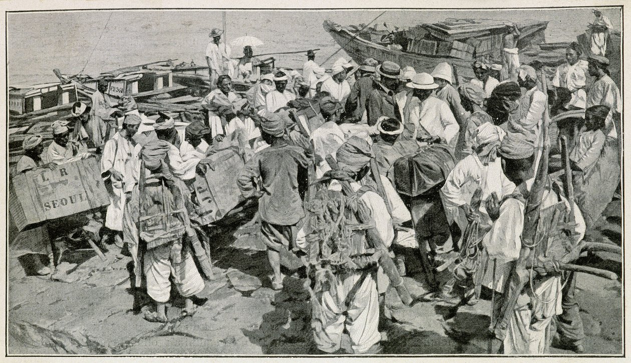Korealaiset portterit Chemulpon satamassa (Etelä-Korea), purkamassa roskat - Kuvitus J. de Pangen 1800-luvun valokuvan jälkeen, tohtori Hagenin matkasta Koreassa tekijältä School Korean