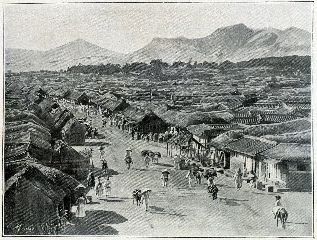 Näkymä Soulin pääkadulle, Korean pääkaupungille 1800-luvulla tekijältä School Korean
