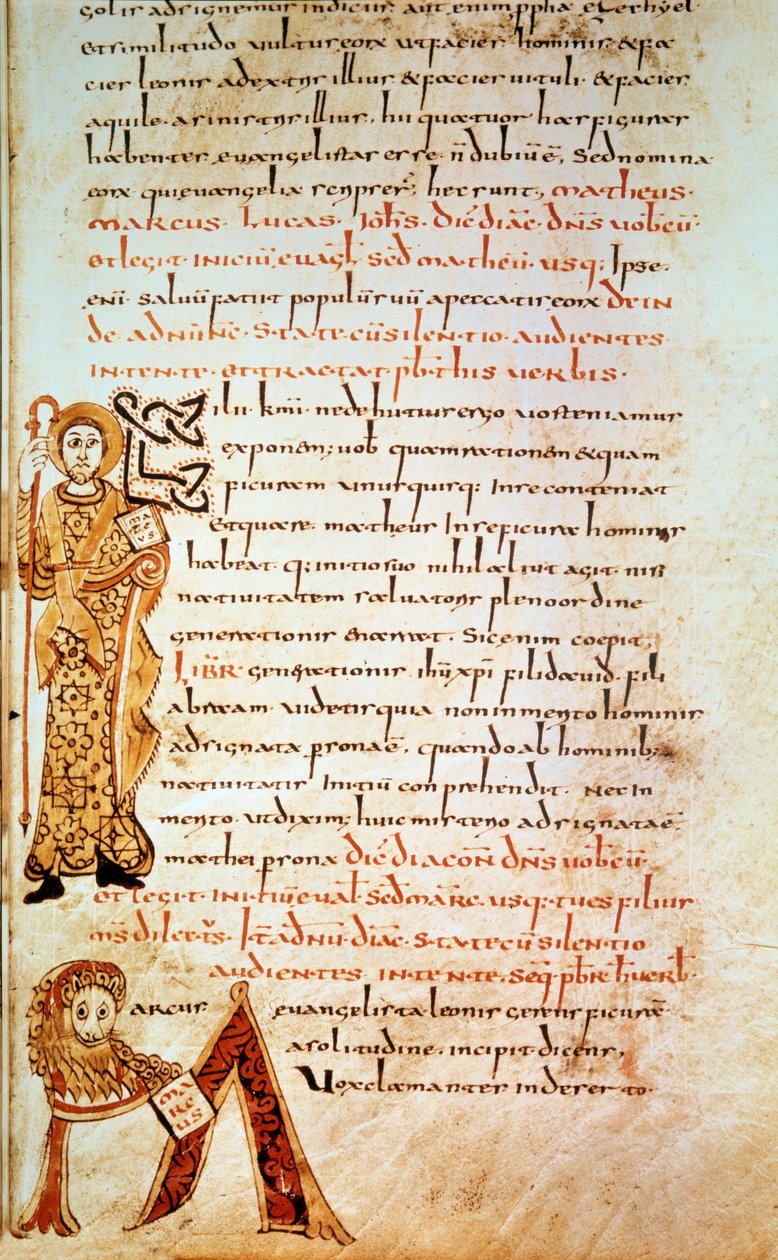Pyhä Matteus; M-kirjain (Pyhän Markuksen leijonan pää). Sivu in “” Sacramentary of Gellone”, folio 42. Valaistunut David, v. 790, Ranska, Meaux tai Cambrai. BN, Pariisi tekijältä School Merovingian