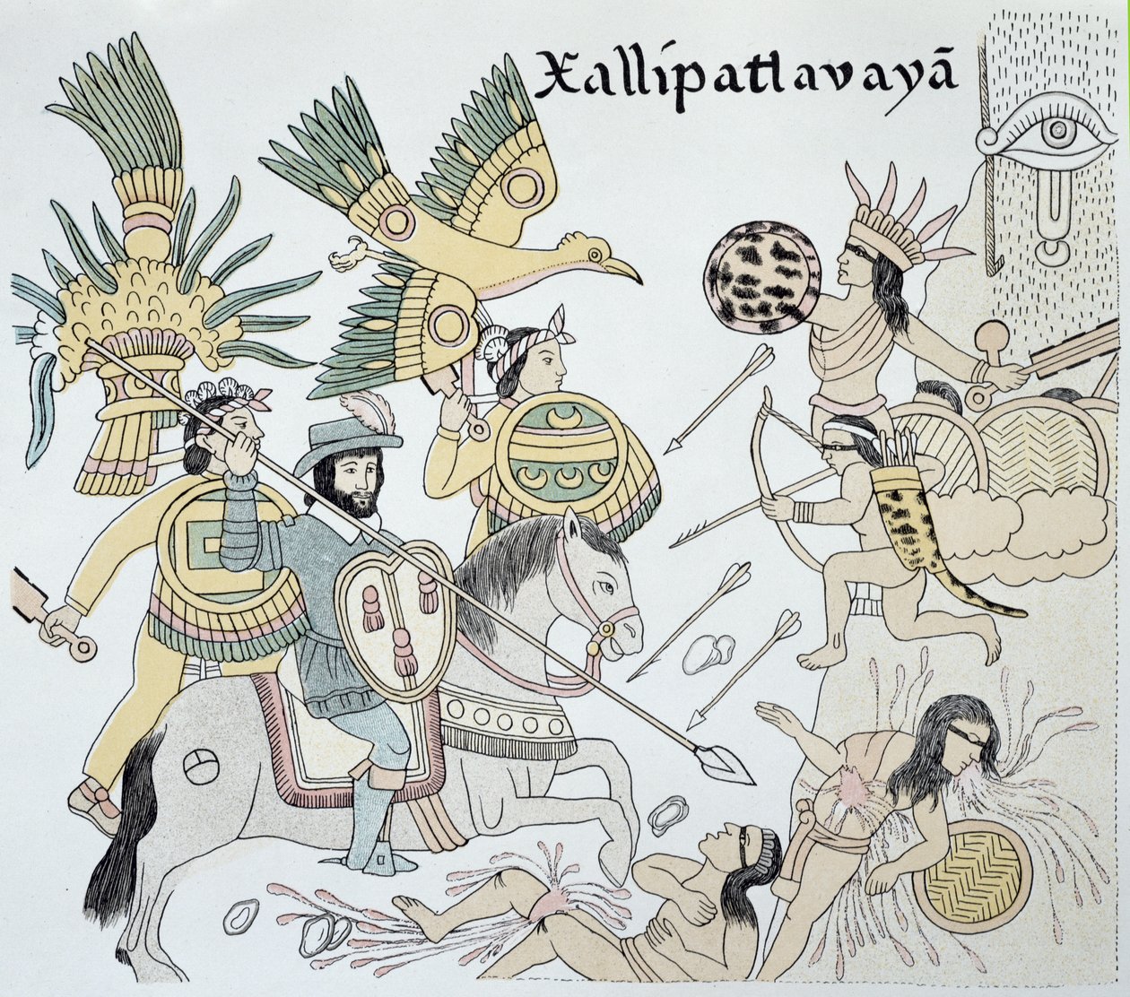 Espanjalaisten ja atsteekkien välinen taistelu Xallipatlavayan taistelussa, kuvitus noin vuonna 1550 julkaistun meksikolaisen intiaanien kuvakertomuksen "Lienzo de Tlaxcala" faksimilestä. tekijältä School Mexican