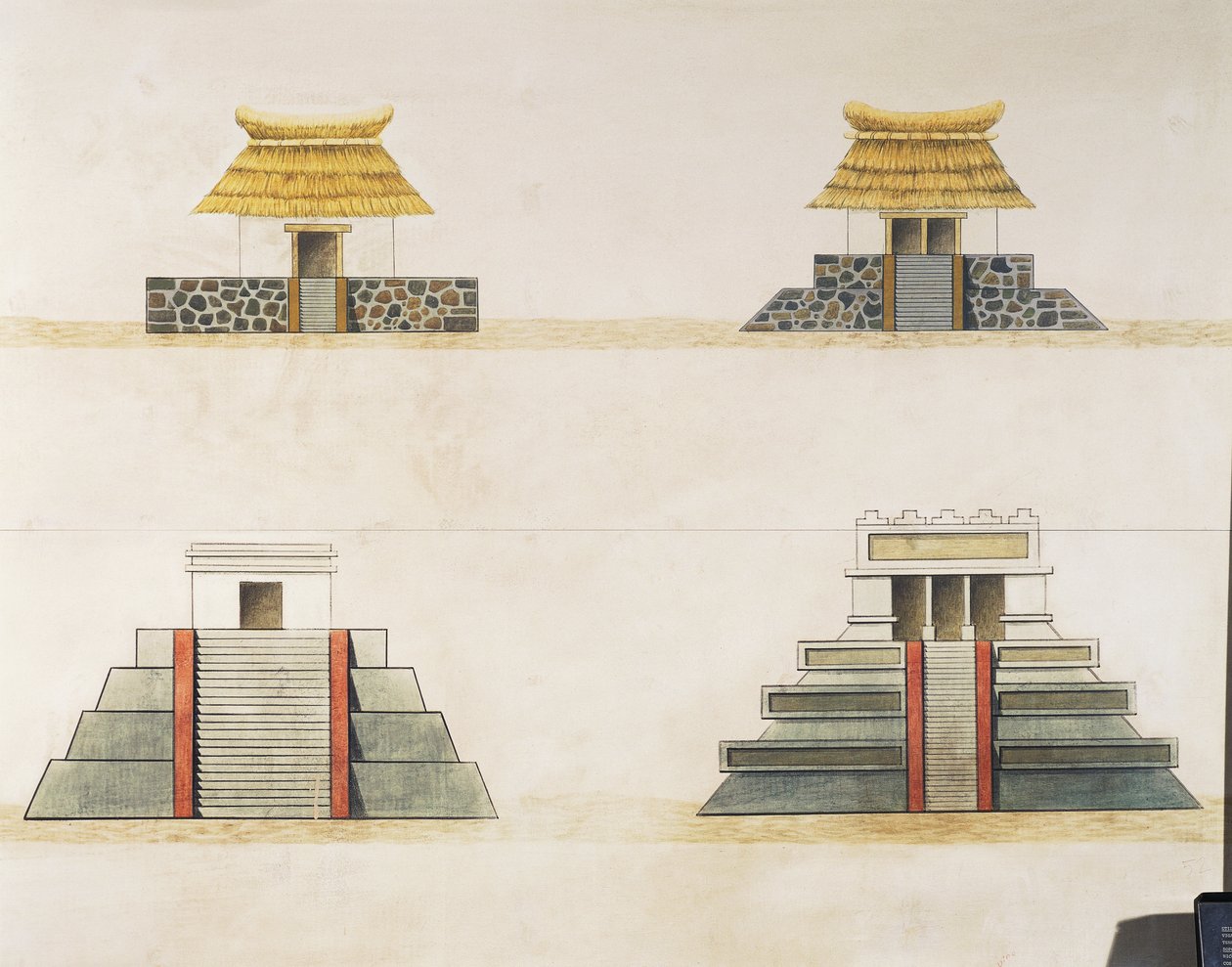 Historiallinen rakennusten jälleenrakennus Tenochtitlanissa (väri litho) tekijältä School Mexican