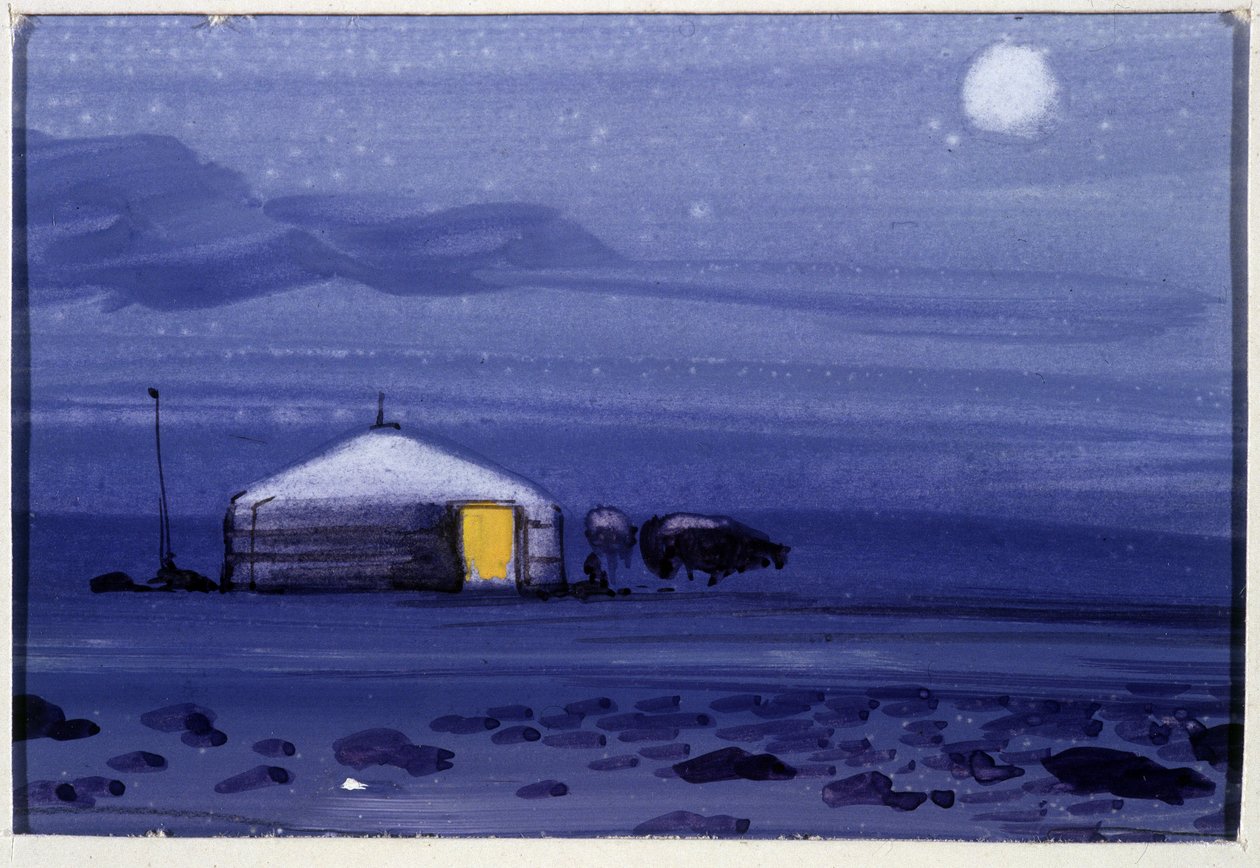 Mongolian jurta, yö - Mongolian akvarelli tekijältä School Mongolian