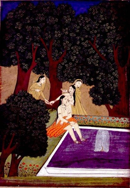 Nainen uima-altaalla, Johnson Album IX, nro 16, n. 1780 (guassi ja kultaa paperilla) tekijältä School Mughal