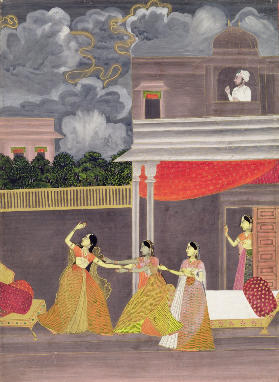 Yöllä myrskystä tuotu nainen: kuvitus musiikillisesta tilasta Madhu Madhavi, n. 1760 (guassi paperilla) tekijältä School Mughal