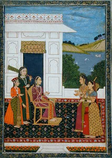 Nainen palvelijoineen terassilla, Small Clive Albumista (läpinäkymätön akvarelli paperille) tekijältä School Mughal