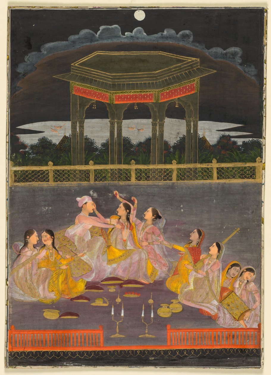 Prinssi juhlii Holi-juhlaa palatsin naisten kanssa terassilla yöllä, noin 1760 (peittävä akvarelli ja kulta paperille). tekijältä School Mughal