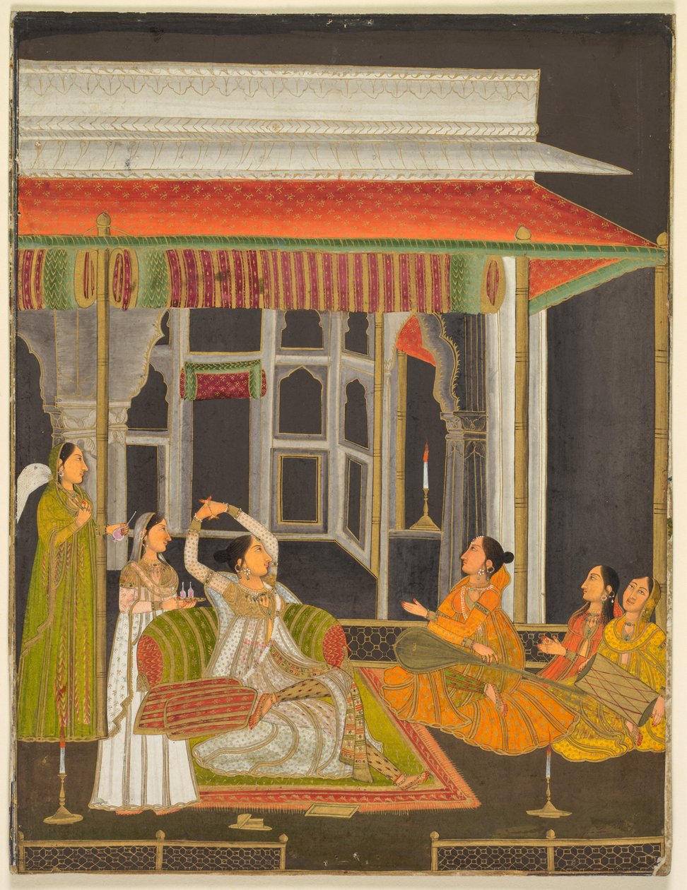 Prinsessa terassilla palvelijoiden kanssa yöllä (etusivu); kalligrafia (kääntöpuoli), n. 1760 (peittävä vesiväri ja kulta paperille). tekijältä School Mughal