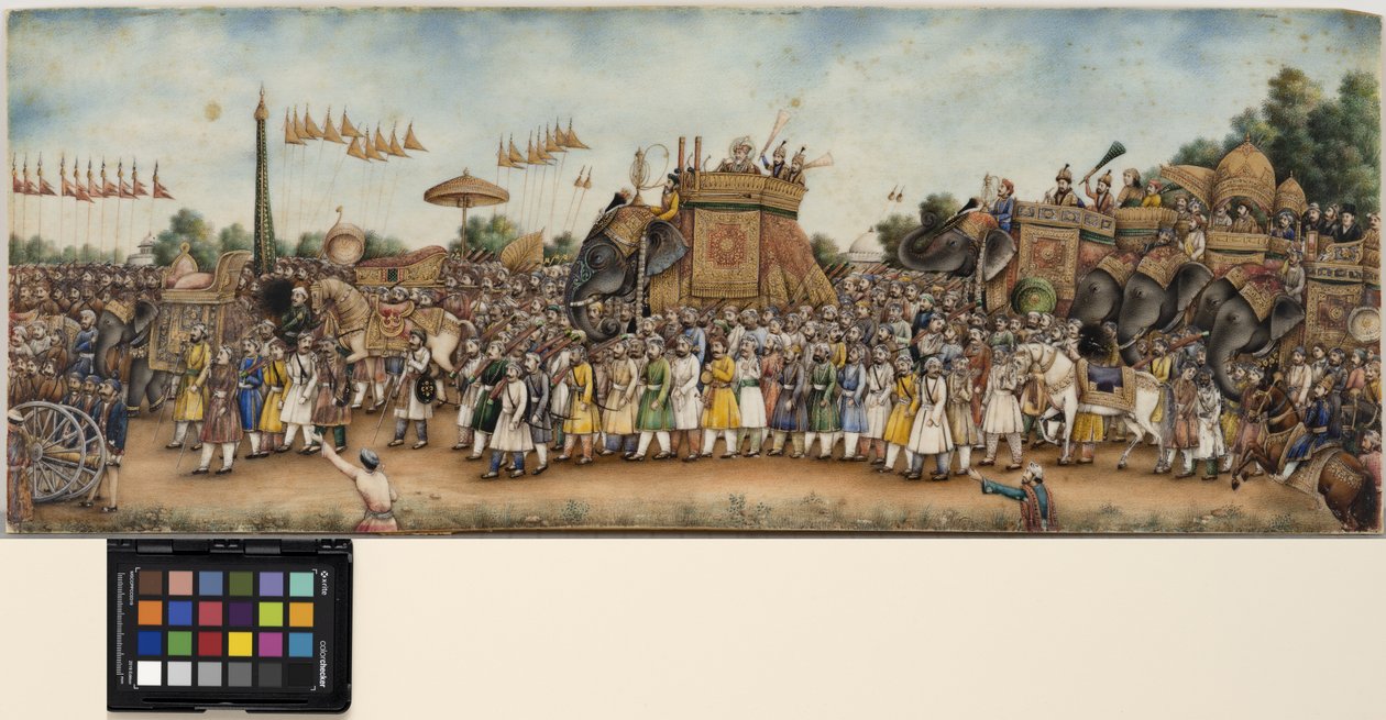 Akbar Shah II ratsastaa norsulla valtavassa kulkueessa, n. 1835 (läpinäkymätön akvarelli ja kulta norsunluun päällä) tekijältä School Mughal