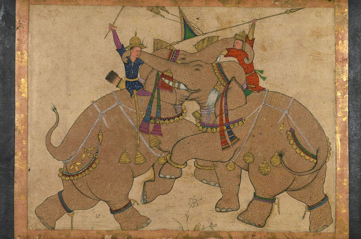 Elephant Combat (muste, pigmentit paperille asennettuna kartongille) tekijältä School Mughal