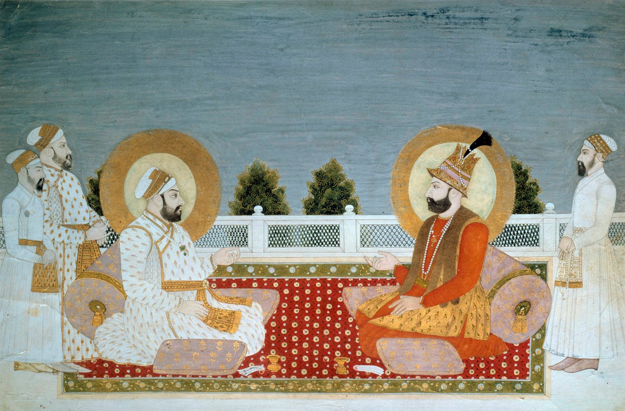 Intialainen taide: "" Edustus Mohammed Shahista (1702-1748) Intian keisarista ja Nadir Shahista (1688-1747), Iranin shahista"" Mughole-koulun miniatyyri, Muhammad Shah (1526-1858 jKr.), Sun. 0,21x0,31 m - Pariisi, Musee Guimet, Musee national des Arts Asia tekijältä School Mughal