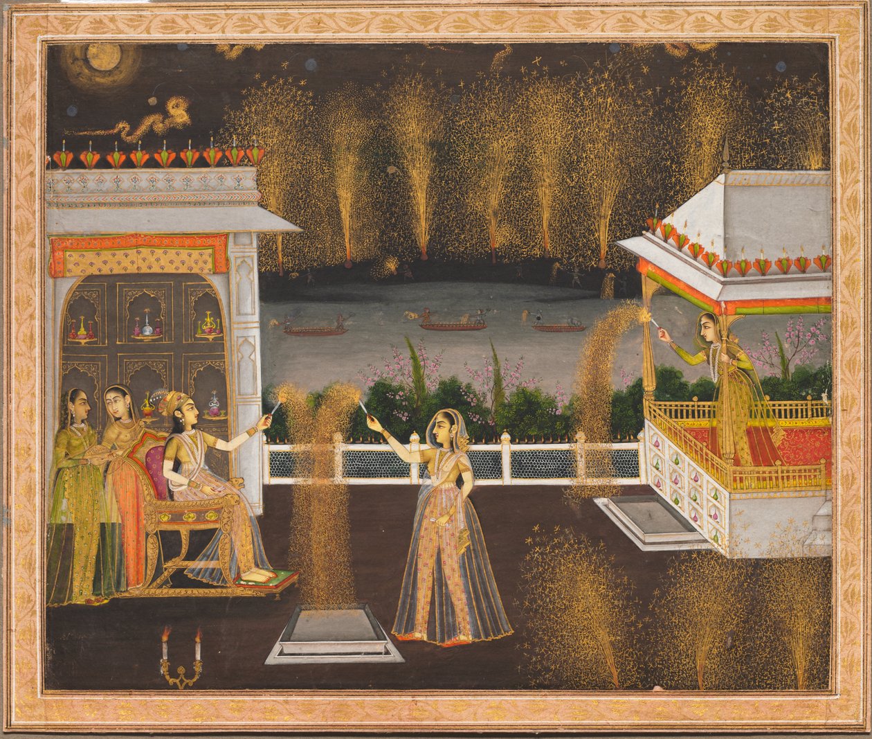 Diwalia juhlivat naiset, noin 1760 (peittävä akvarelli ja kulta paperille). tekijältä School Mughal