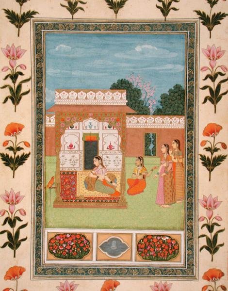 Naisia paviljongin äärellä, Small Clive -albumista (opaakki akvarelli paperille). tekijältä School Mughal