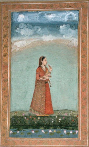 Nainen pitelee kulhossaan ruusukukkia, Pieni Clive-albumista (peittävä akvarelli paperille). tekijältä School Mughal