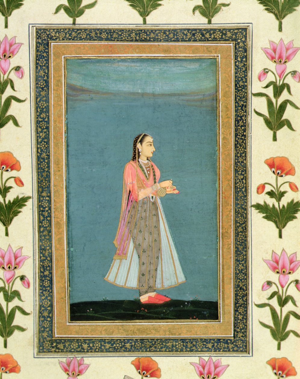 Nainen pitelee viinipulloa ja kuppia Large Clive -albumista (akvarelli paperille) tekijältä School Mughal