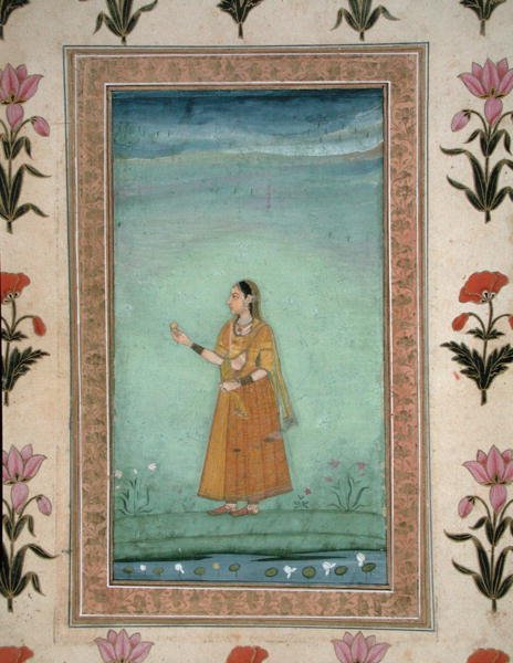 Nainen pitelee hedelmää, seisoo liljalammen rannalla, Small Clive Albumista, n. 1600 (läpinäkymätön akvarelli paperille) tekijältä School Mughal