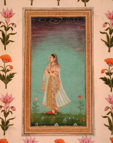 Nainen kävelee kukkien läpi, Small Clive Albumista (läpinäkymätön akvarelli paperille) tekijältä School Mughal