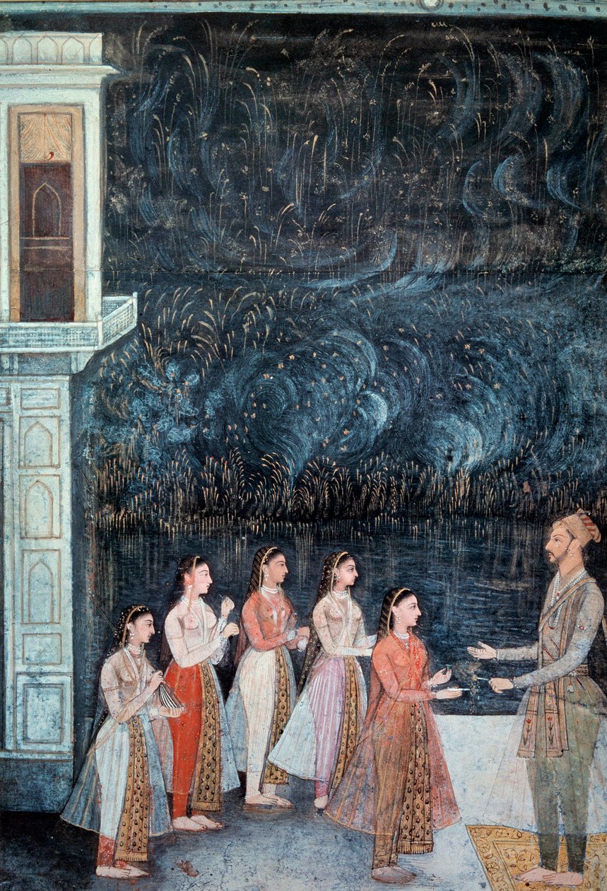 Yöjuhla kohtaus Shah Jahanin hovissa, joka edustaa prinssiä ja kurtisaaneja. Ilotulitus taustalla 1700-luvun Mughal-koulun pienoismalli. Aurinko 0,21x0,15 m Pariisi, Musee Guimet, Musee national des Arts Asians tekijältä School Mughal