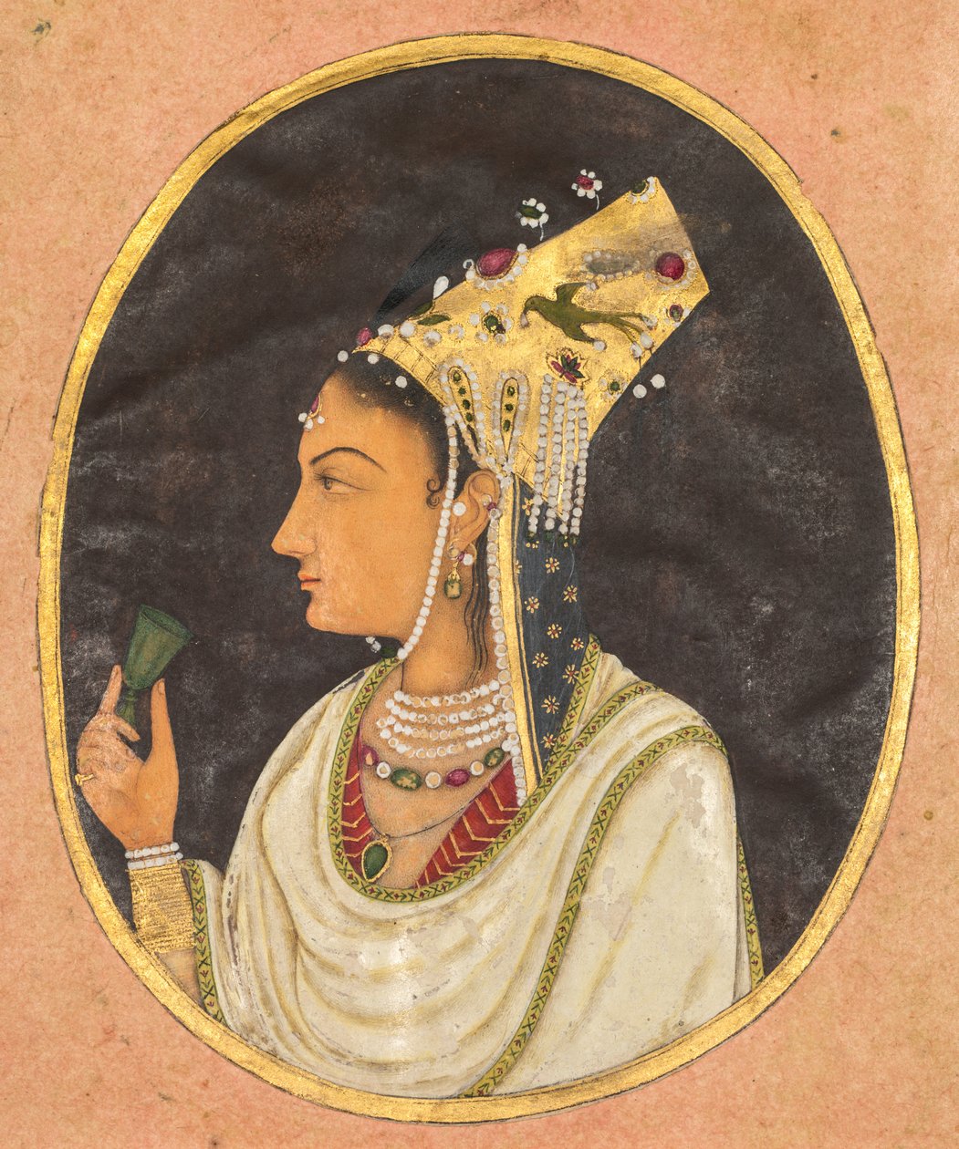 Soikea muotokuva naisesta Chaghtai-hatussa, n. 1740-50 (läpinäkymätön akvarelli ja kulta paperille) tekijältä School Mughal