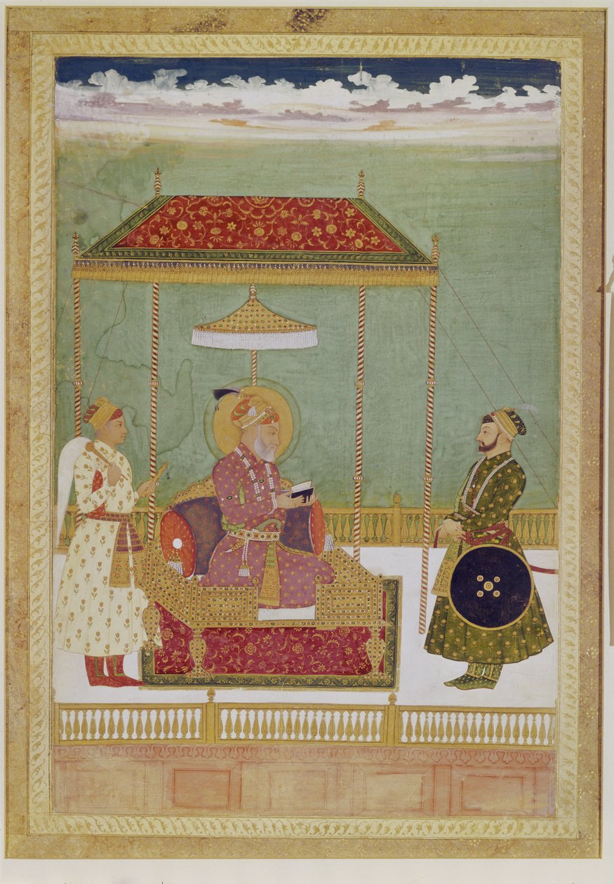 Shah Aurangzebin muotokuva miehen kanssa, mahdollisesti Ashraf Khan, 1700-luvun alku (läpinäkymätön vesiväri, muste ja kulta paperilla) tekijältä School Mughal