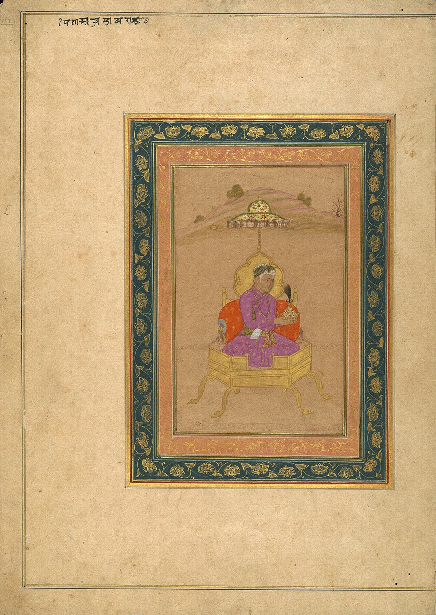 Kolmas Mughal-keisari Akbar istui kuninkaallisella valtaistuimella pitäen kruunuaan tekijältä School Mughal