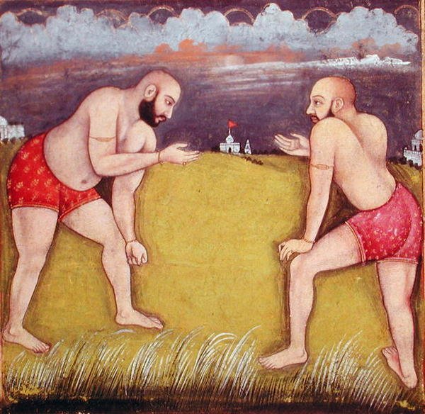 Kaksi painijaa, 1800-luvun alku (guassi paperilla) tekijältä School Mughal