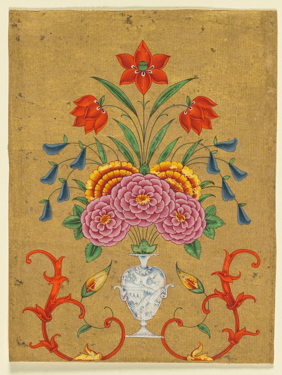 Maljakko, jossa kukka-asetelma ja käärökuvio, noin 1750-1800 (peittävä vesiväri ja kulta paperille). tekijältä School Mughal