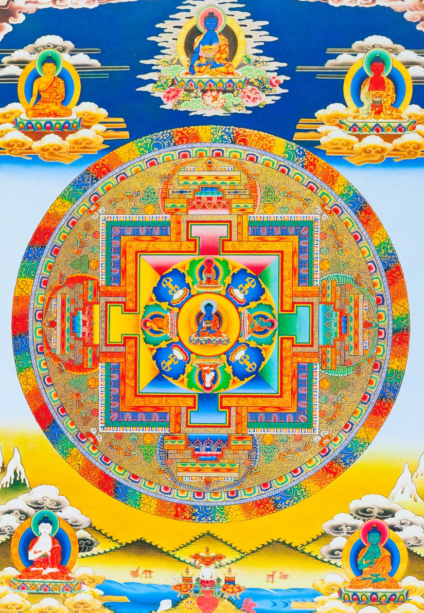 Akshobhya Mandala, joka kuvaa häiriötöntä Buddhaa Bhumi Sparsa Mudrana ja maa todistaa hänen valaistumisestaan (guassi kankaalla) tekijältä School Nepalese
