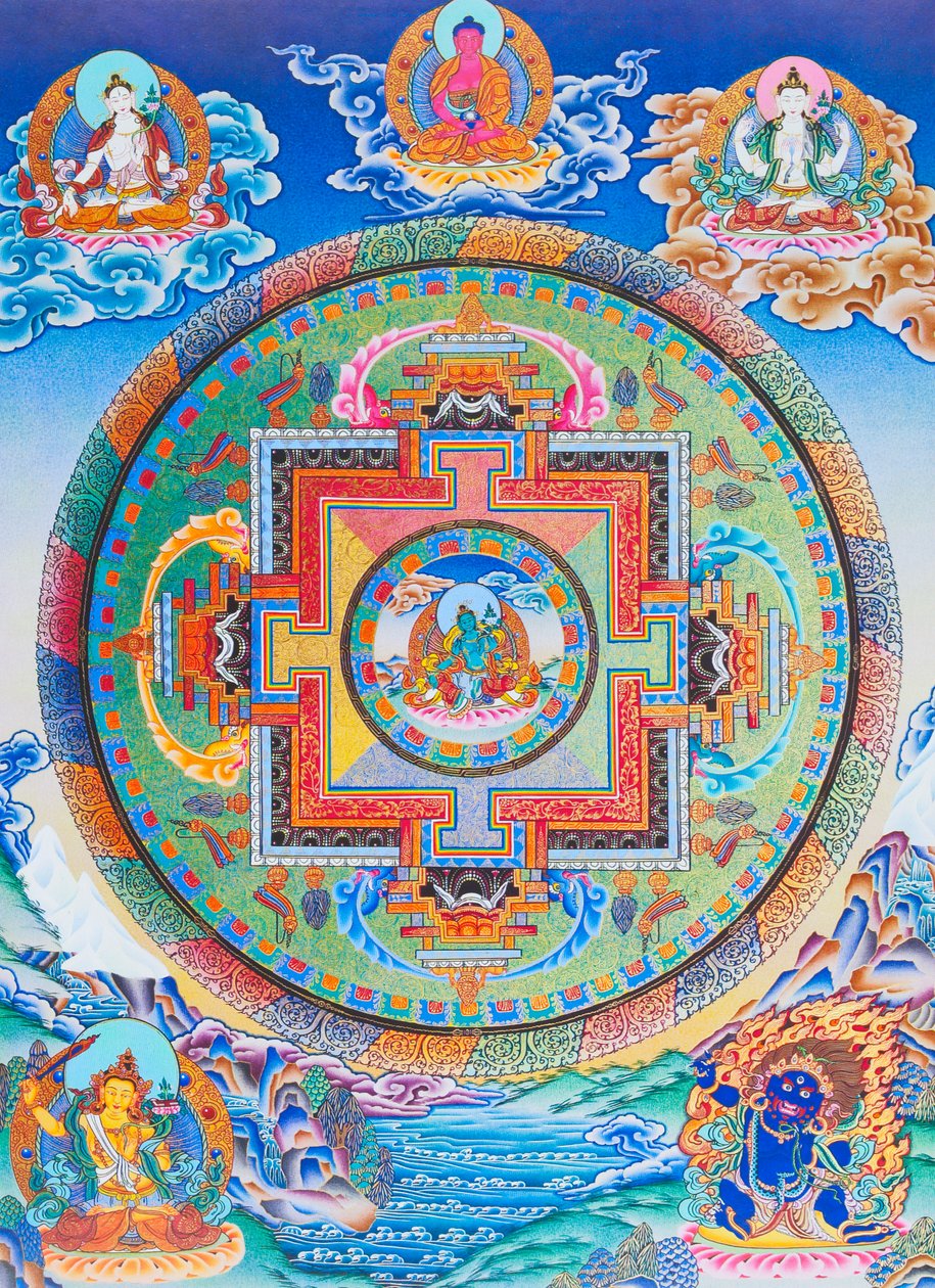 Vihreä Tara Mandala, joka kuvaa äidin suojelijaa kaikilta vaaroilta olemassaolon valtameressä (guassi kankaalla) tekijältä School Nepalese