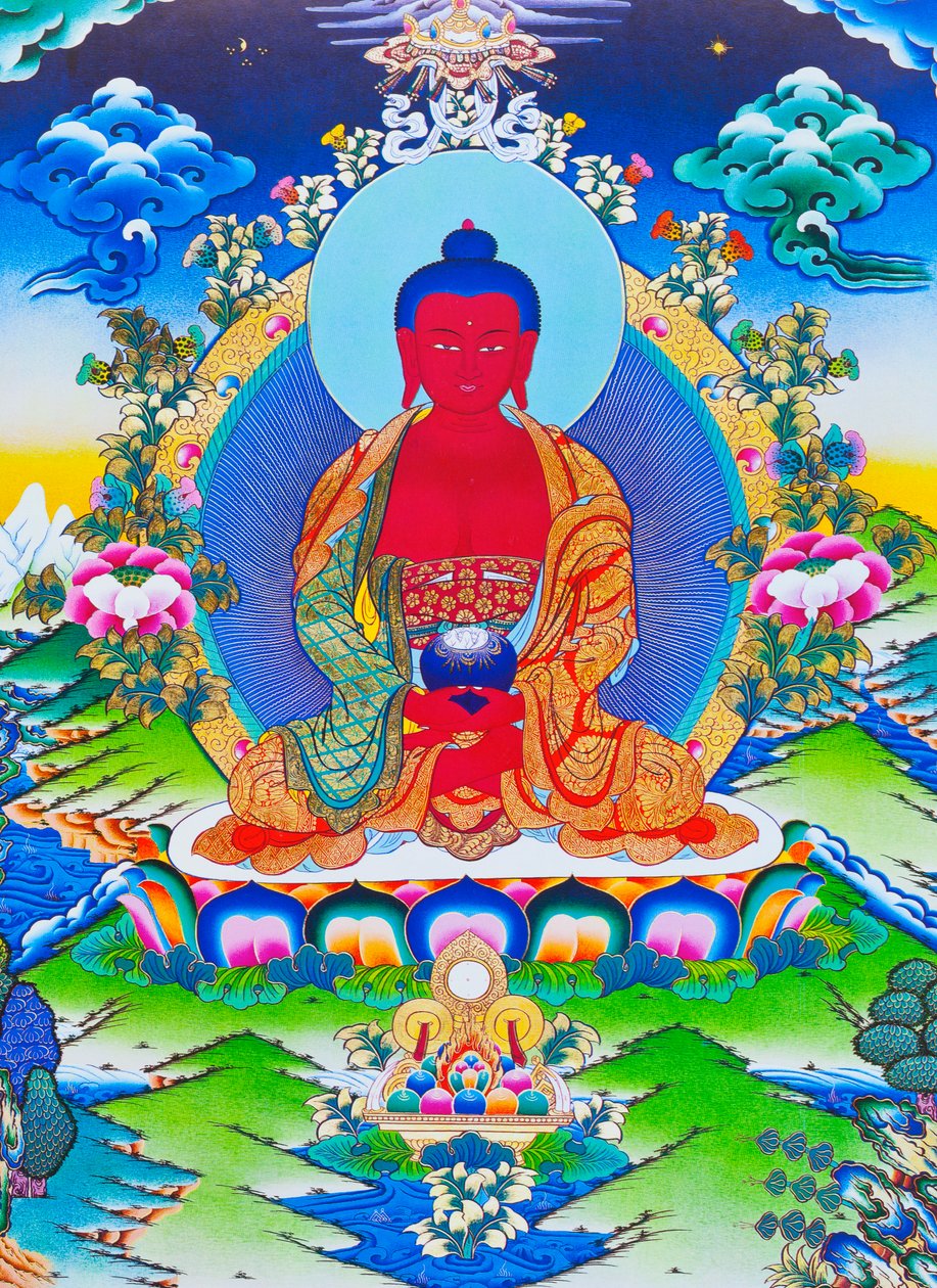 Kuva, jossa Amitabha Buddha istuu lootuksen päällä (guassi kankaalla) tekijältä School Nepalese