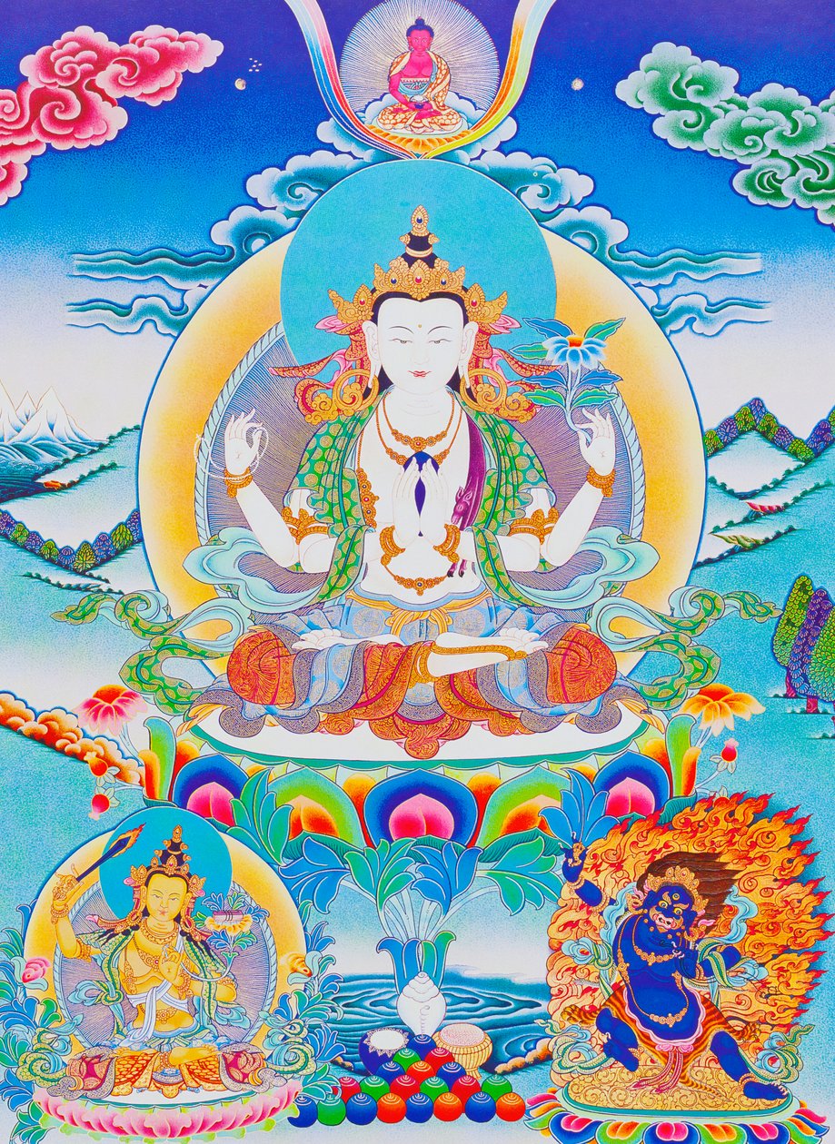 Kuva Chenresistä, kuuden tavun herrasta "Om Mani Padme Hum" (guassi kankaalla) tekijältä School Nepalese