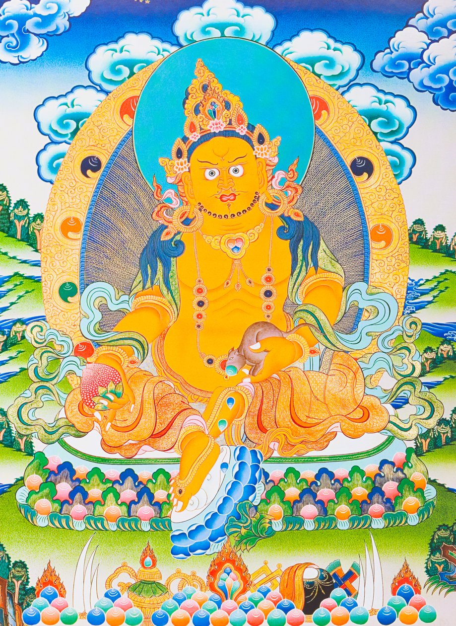 Dzambhalaa kuvaava kuva, keltainen Dzambhala on Buddha Ratnasambhavan ilmentymä, joka symboloi vaurautta materialistisessa maailmassa (guassi kankaalla) tekijältä School Nepalese