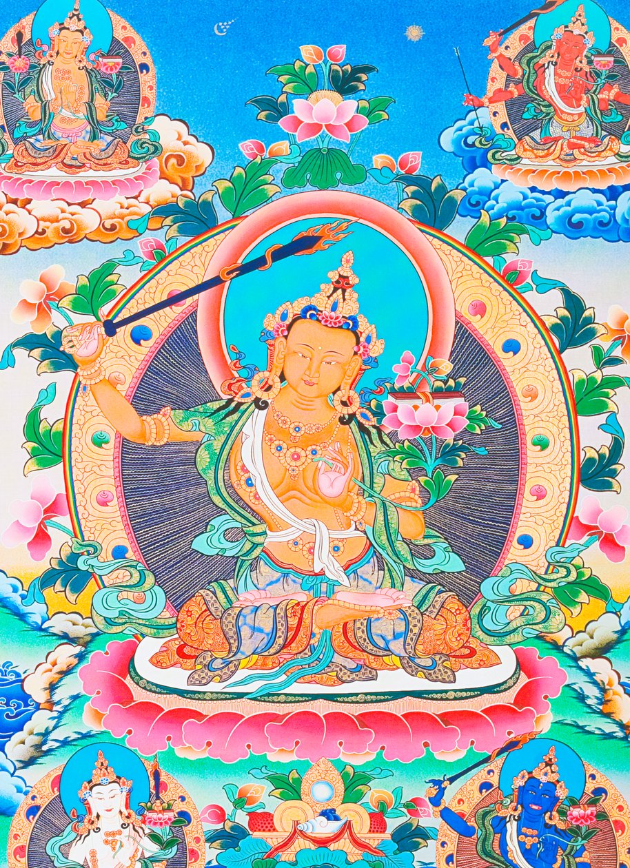 Kuva, joka esittää Manjushreeta, legendaarista Katmandun laakson luojaa (guassi kankaalla) tekijältä School Nepalese