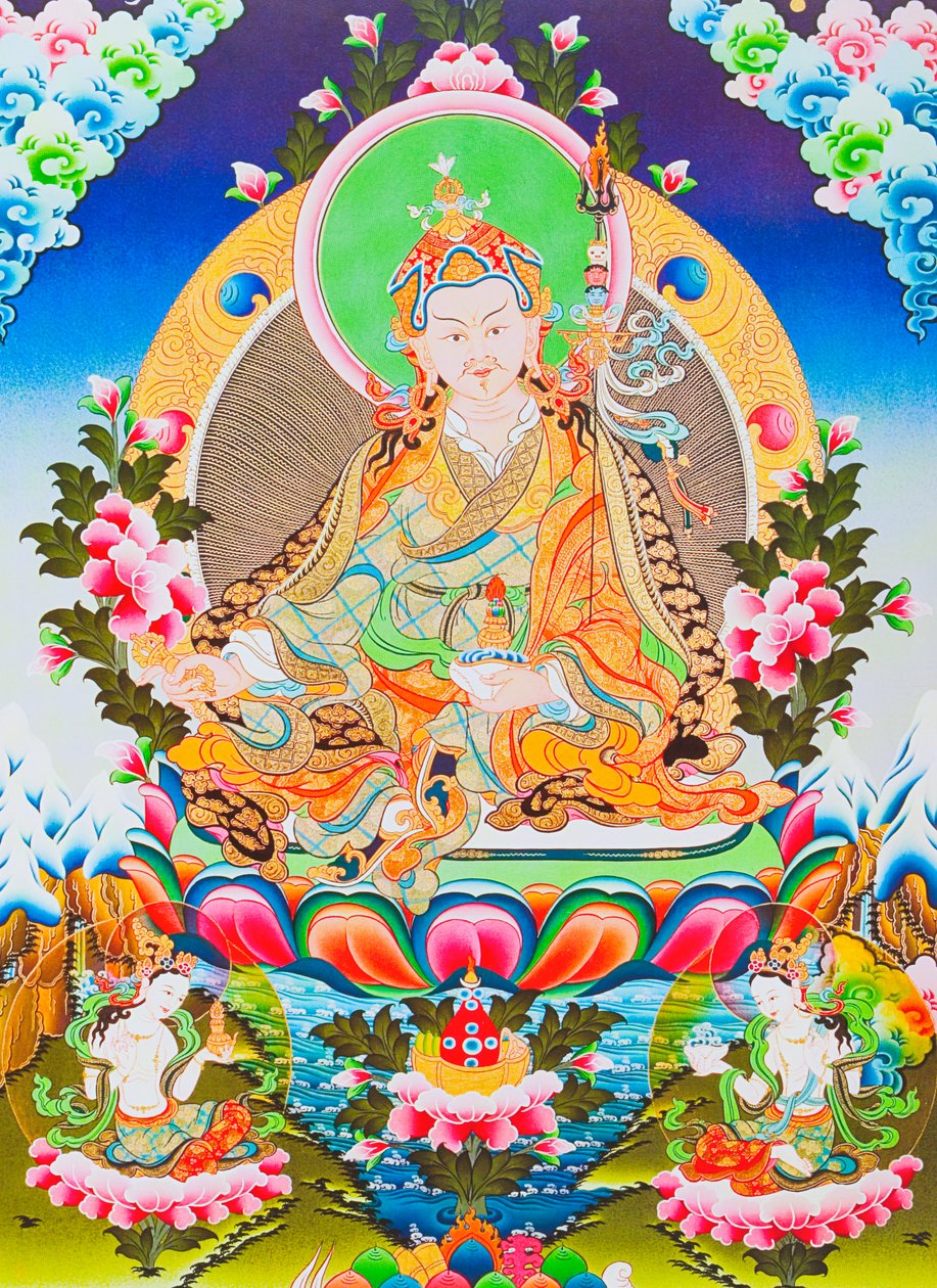 Kuva, joka esittää Padmasambhavaa tai guru Rimpochea, tiibetiläisen tantrismin jumalallista apostolia, jonka sanotaan saaneen hallintaansa demonit ja henget (guassi kankaalla) tekijältä School Nepalese