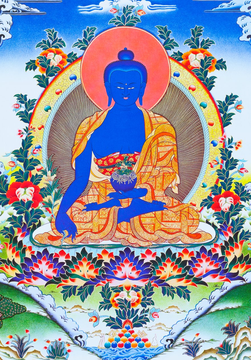 Kuva lääke Buddhasta, korkeimmasta parantajasta luostarivaatteissa, jossa vasemmassa kädessä kulho, jossa on lääkekasvi arura (guassi kankaalla) tekijältä School Nepalese