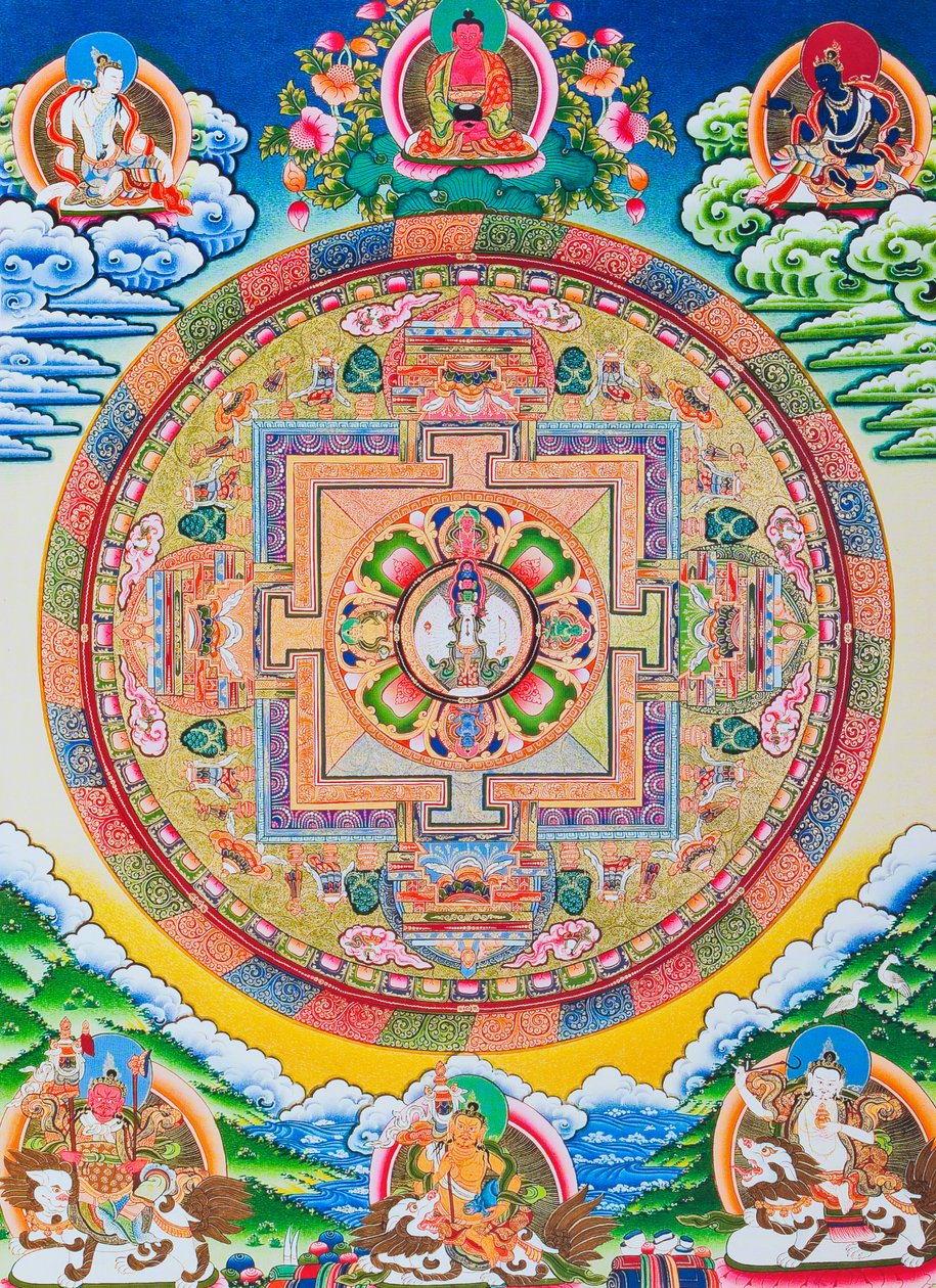 Mandala tuhannella kädellä Avalokiteshvara; pyhä, maaginen ympyrä, joka kuvaa yksitoistapääistä bodhisattvaa, joka symboloi ääretöntä myötätuntoa (guassi kankaalla) tekijältä School Nepalese