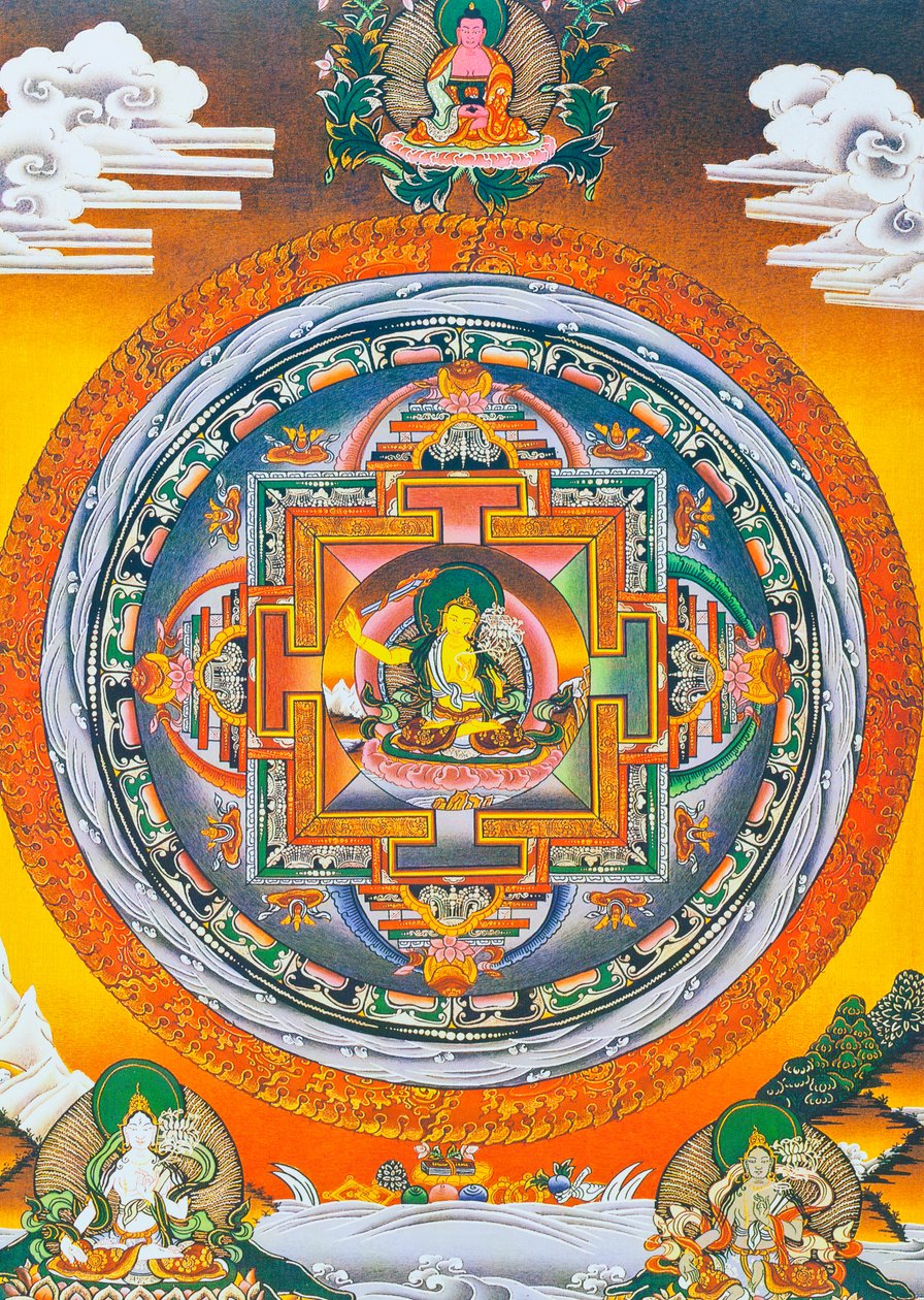 Manjushree Mandala, jossa keskushahmo edustaa viisauden jumalaa Manjushreeta, legendaarista Katmandun laakson luojaa (guassi kankaalla) tekijältä School Nepalese