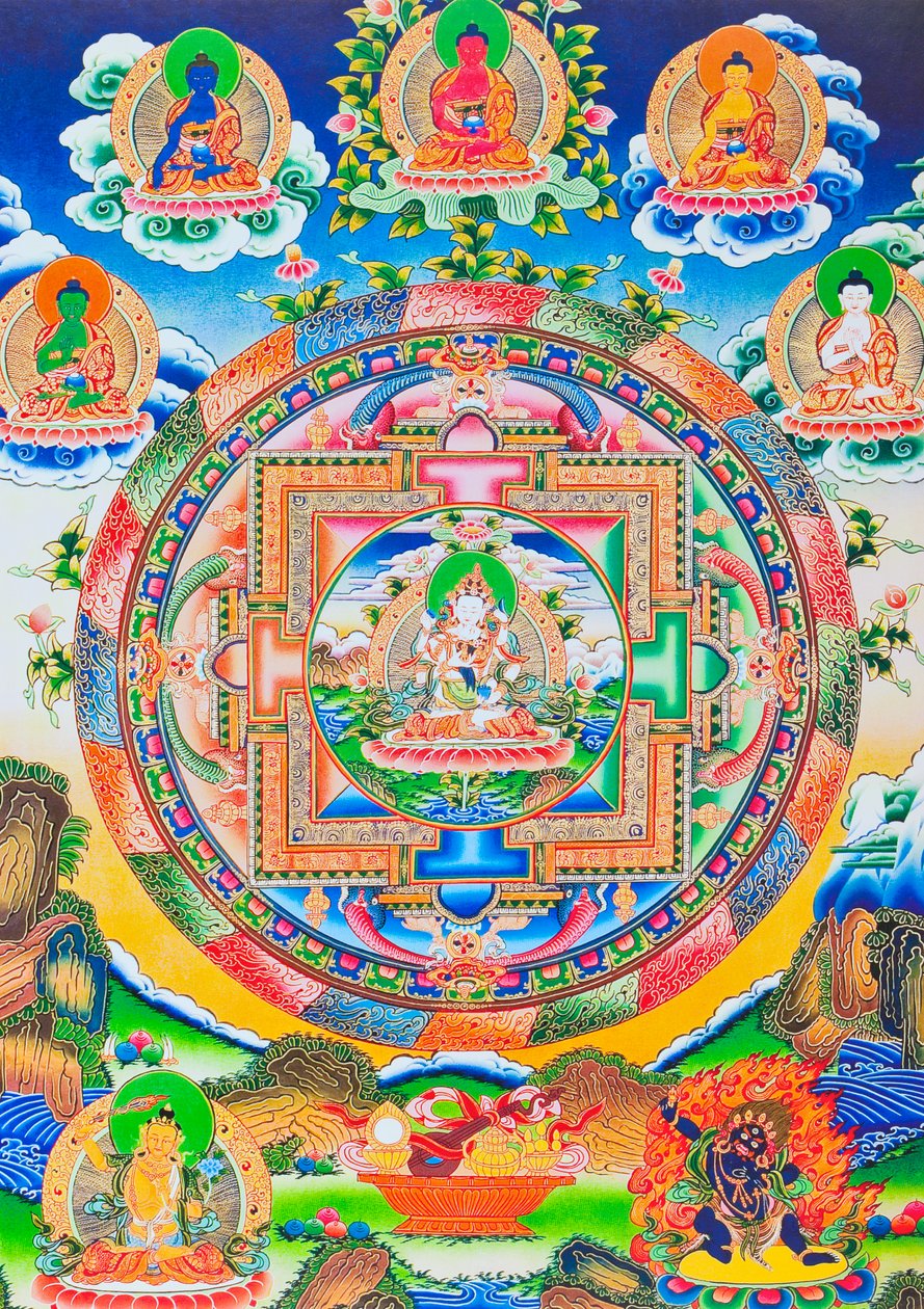 Vajrasattva, Mandala, joka kuvaa itse luomaa tantrista Buddhaa ilman alkua tai loppua ikuisessa syleilyssä prajna-viisaudella (guassi kankaalla) tekijältä School Nepalese
