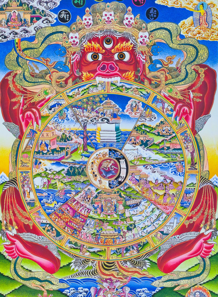 Elämänpyörä Mandala, joka kuvaa Kalachakraa tai harhaanjohtavaa olemassaoloa Yaman, kuoleman jumalan, joka edustaa syntymää, kuolemaa ja uudestisyntymistä, suussa (guassi kankaalla) tekijältä School Nepalese