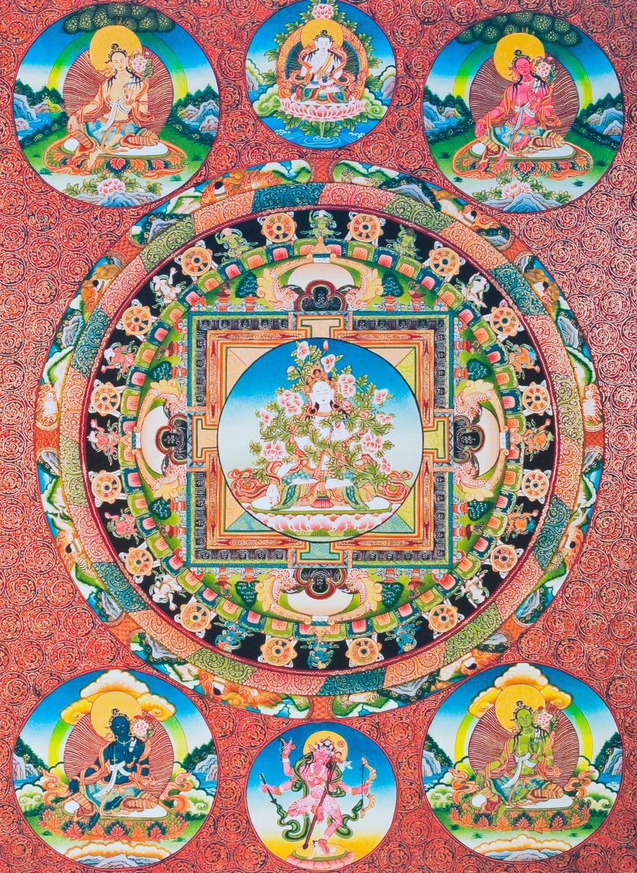 Valkoinen Tara Mandala; buddhalaisen panteonin seitsemänsilmäinen naisjumala, joka edustaa myötätunnon jumalatarta ja ihmisten suojelijaa (guassi kankaalla) tekijältä School Nepalese