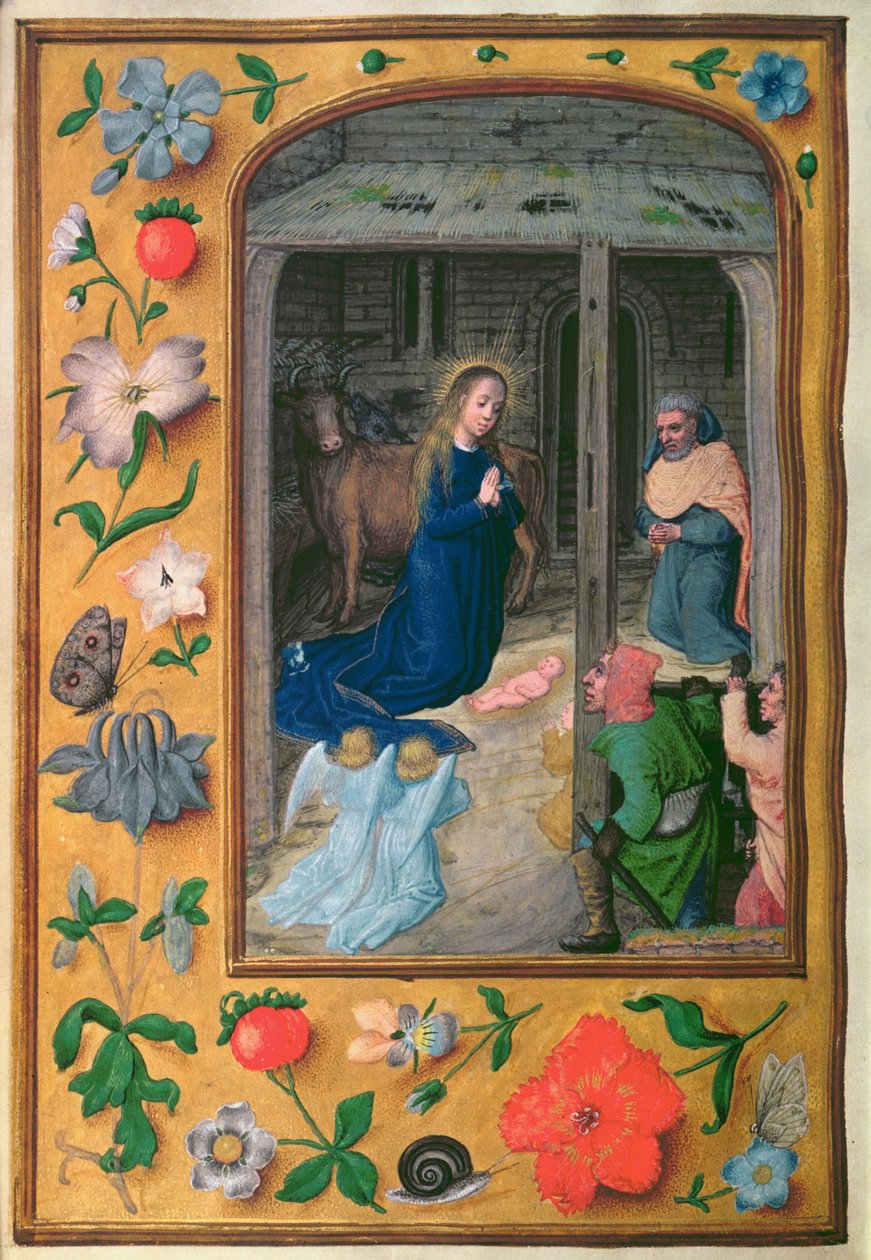Lisää 35314 f.25v Nativity, kirjasta Tuntikirja, Brugge, n.1510-20 (vellum) tekijältä School Netherlandish