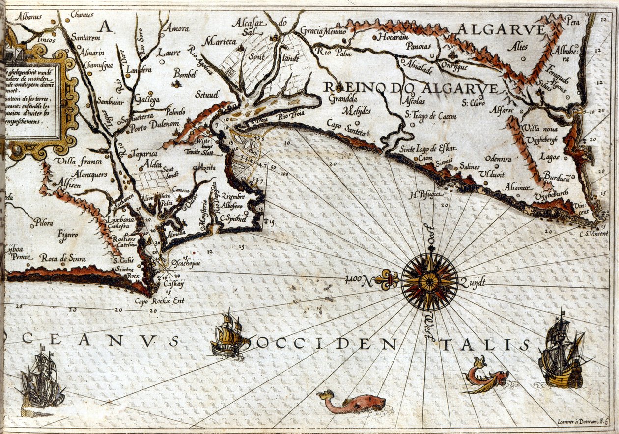 Cape Sagres (tai pyhä niemi) Portugalin lopussa Luca J. Waghenaerin Leidenissä vuonna 1592 painettu zeevaert Treesor portulanin mukaan tekijältä School Netherlandish