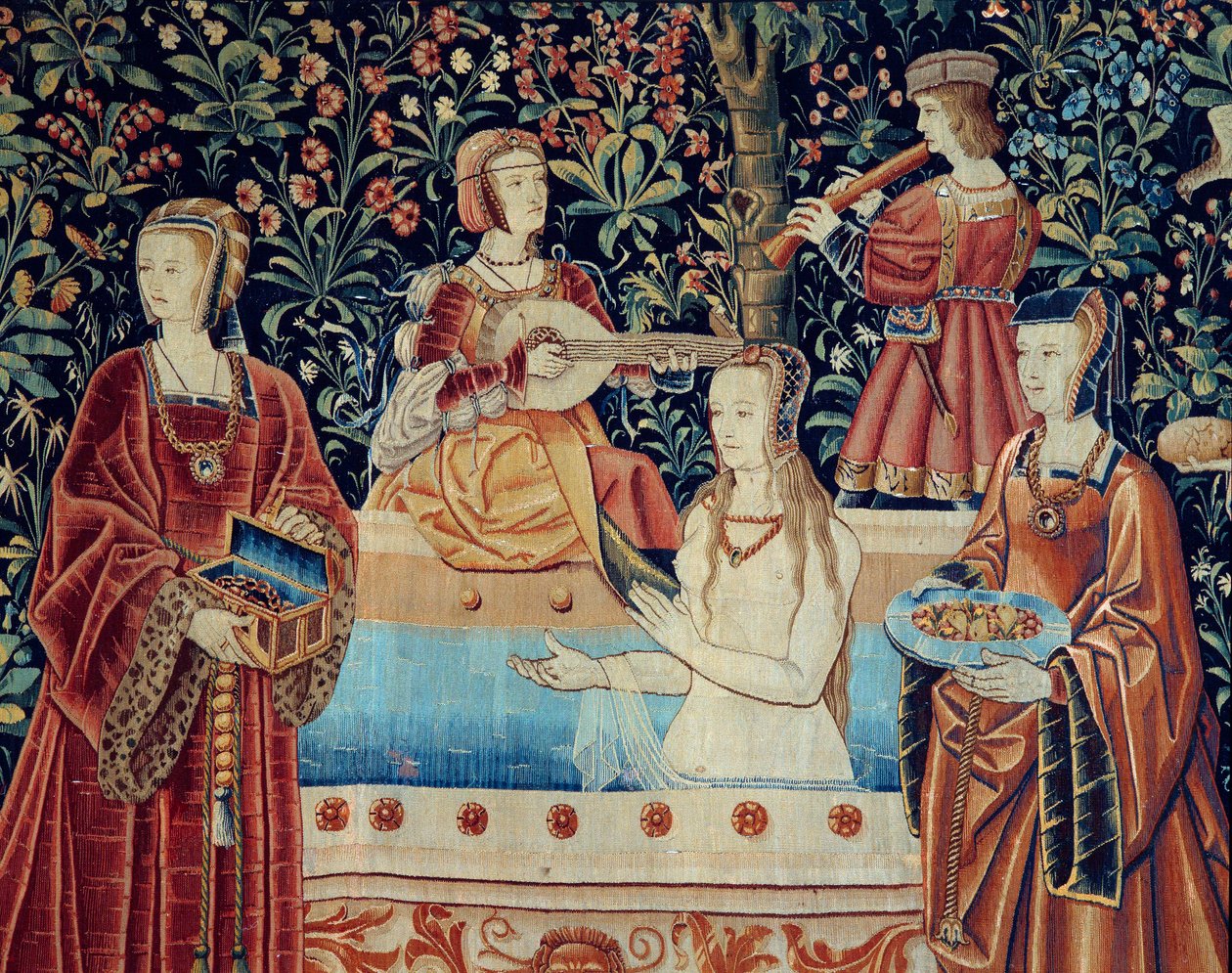 Herran elämän esirippu: kylpy. Yksityiskohta. Villa- ja silkkikudos valmistettu noin 1520 Alankomaissa. Aurinko 2,8x2,6 m Pariisi, keskiajan kansallismuseo, Thermes de Cluny tekijältä School Netherlandish