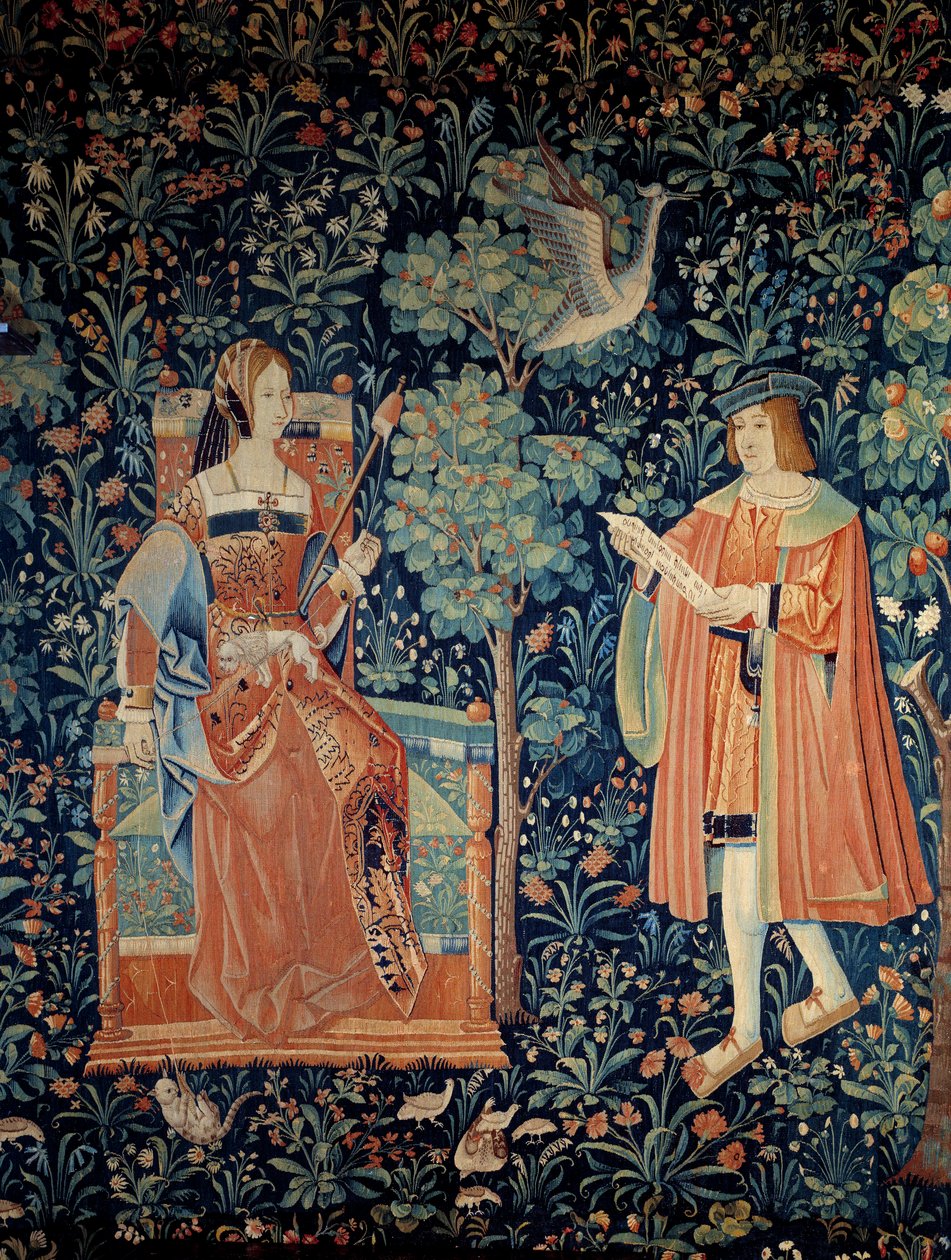 Seigneurial-elämän esirippu: kohtelias rakkauskohtaus. Yksityiskohta. Villa- ja silkkikudos valmistettu noin 1520 Alankomaissa. Pariisi, Keskiajan kansallismuseo, Thermes de Cluny tekijältä School Netherlandish