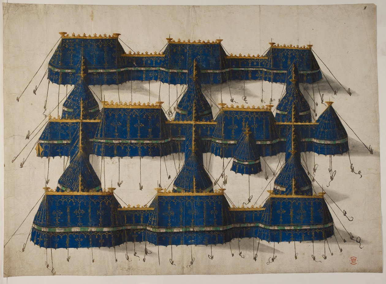 Suunnittelu kuninkaalliseen paviljonkiin sinisellä ja kullalla, n. 1520 (vellum) tekijältä School Netherlandish