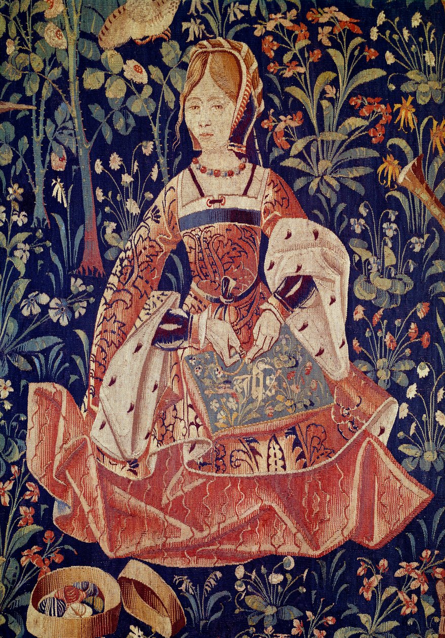 Seigneurial elämän ripustus: Brodeeraus. Yksityiskohta. Villa- ja silkkikudos valmistettu noin 1520 Alankomaissa. Pariisi, Keskiajan kansallismuseo, Thermes de Cluny tekijältä School Netherlandish