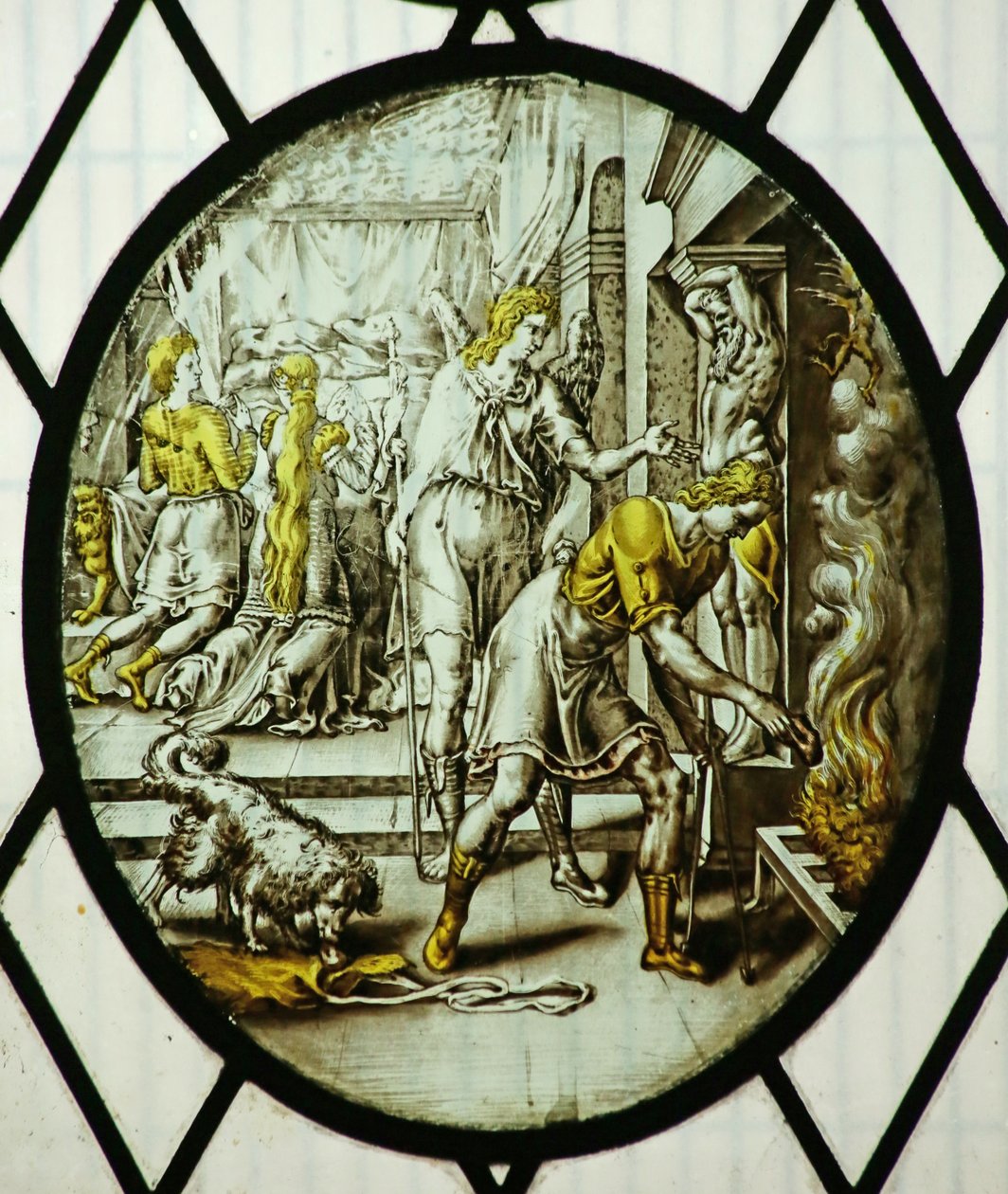 Roundel: Tobias polttaa kalan maksan (lasimaalaus) tekijältä School Netherlandish