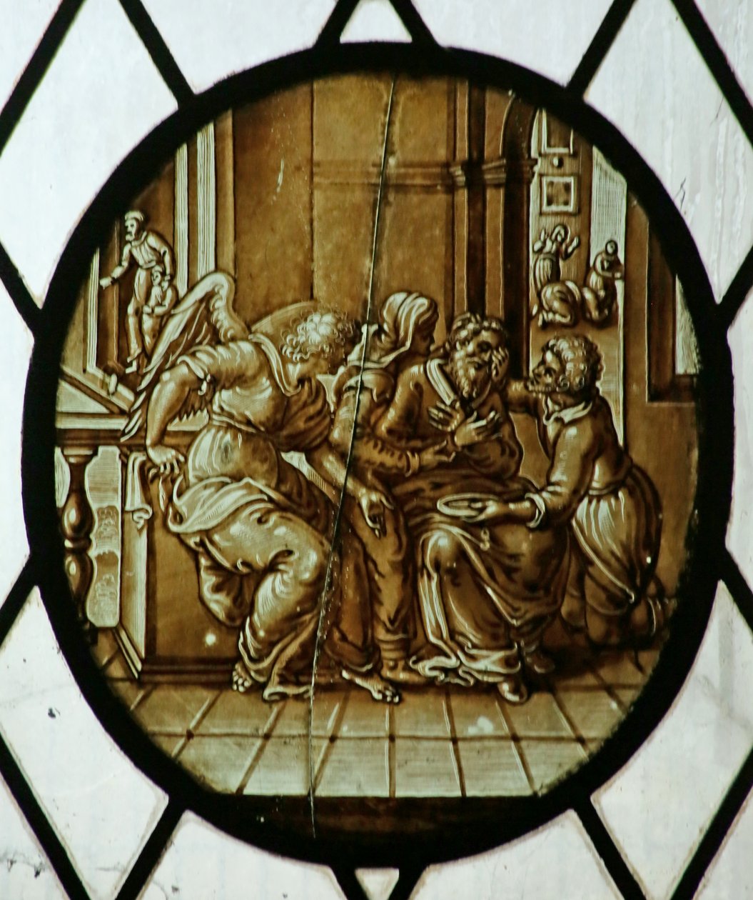 Roundel: Tobias parantui sokeudesta, luultavasti 1800-luvulta (lasimaalaus) tekijältä School Netherlandish