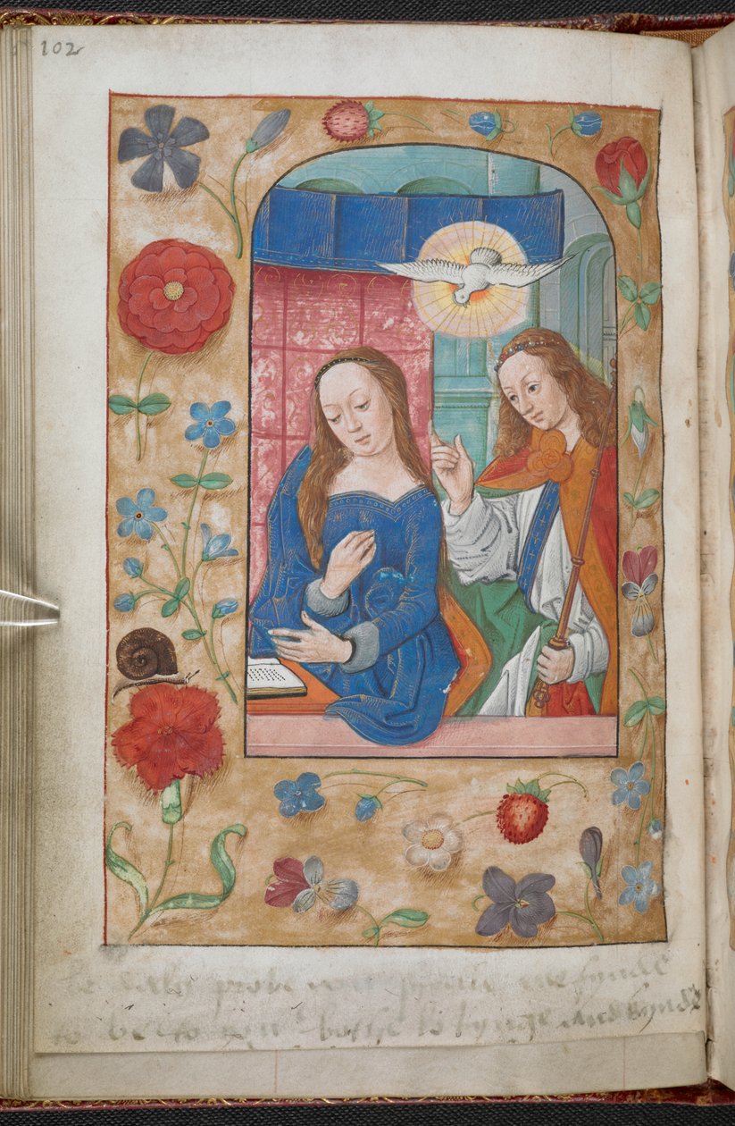 Ilmoitus. Kukkien, hedelmien, lintujen, hyönteisten yms. reunus perspektiivissä vaalealla kullalla. Folion juurella on kirjoitus (Anne Boleynsin kädellä) "Todistakaa, että minä tulet olemaan sinulle sekä rakkaus että kynde", jossa on st. tekijältä School Netherlandish