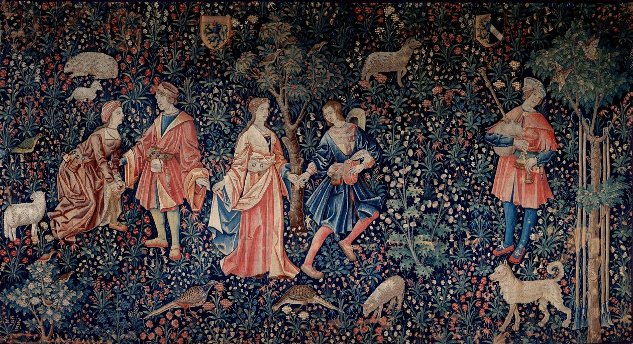 Lordship Lifen esirippu: galante kohtaus. Villa- ja silkkikudos valmistettu noin 1520 Alankomaissa. Aurinko 2,6x3,7 m Pariisi, keskiajan kansallismuseo, Thermes de Cluny tekijältä School Netherlandish
