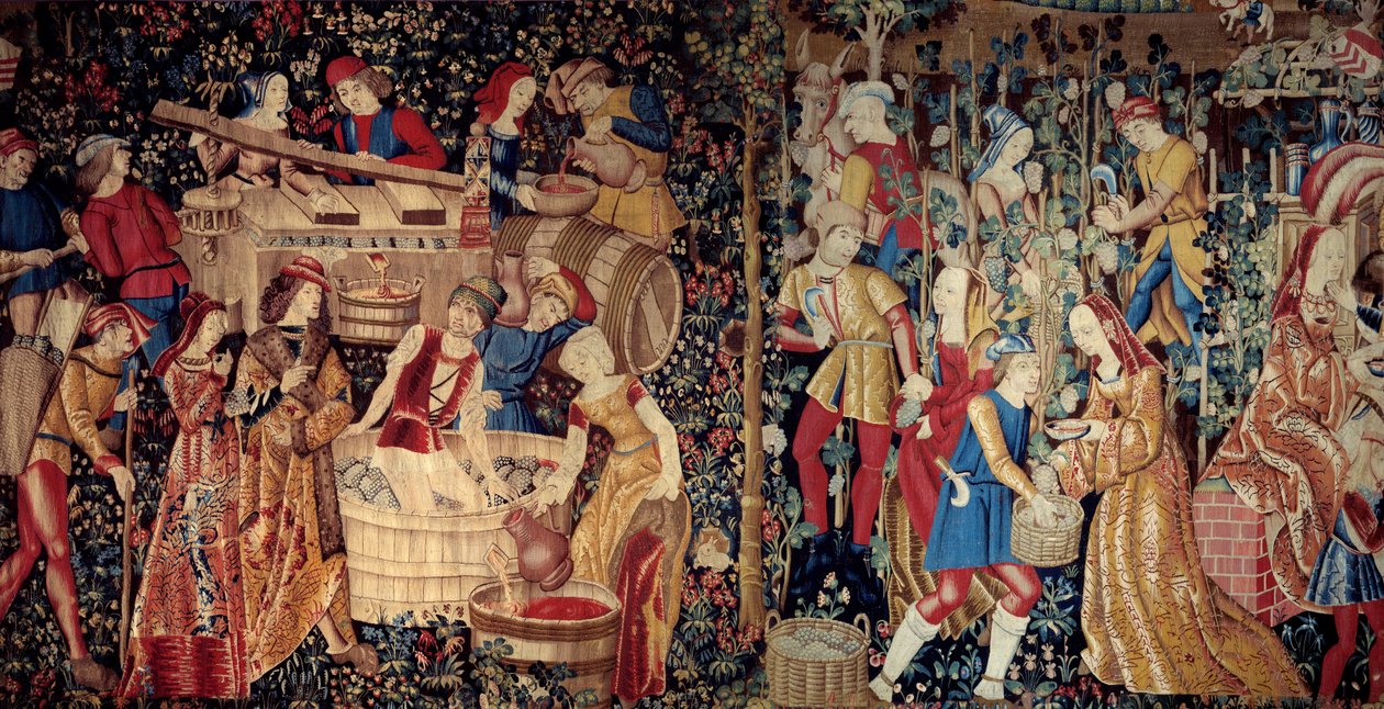 Sadonkorjuu. Alankomaiden kuvakudos, 1500-luvun alku. Mitat: 2,46 x 4,95 m. Pariisi, Musee De Cluny tekijältä School Netherlandish